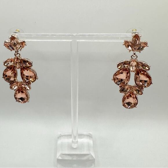 Lulus Chandelier Earrings Rose Gold Peach Rhinestones Crystal Cluster Signed - Picture 7 of 7